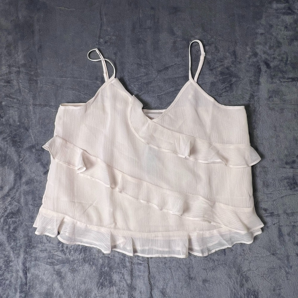 Loft Ruffle Cami Tank Top Petite Small Chiffon Pleated Ivory Cream boho airy
